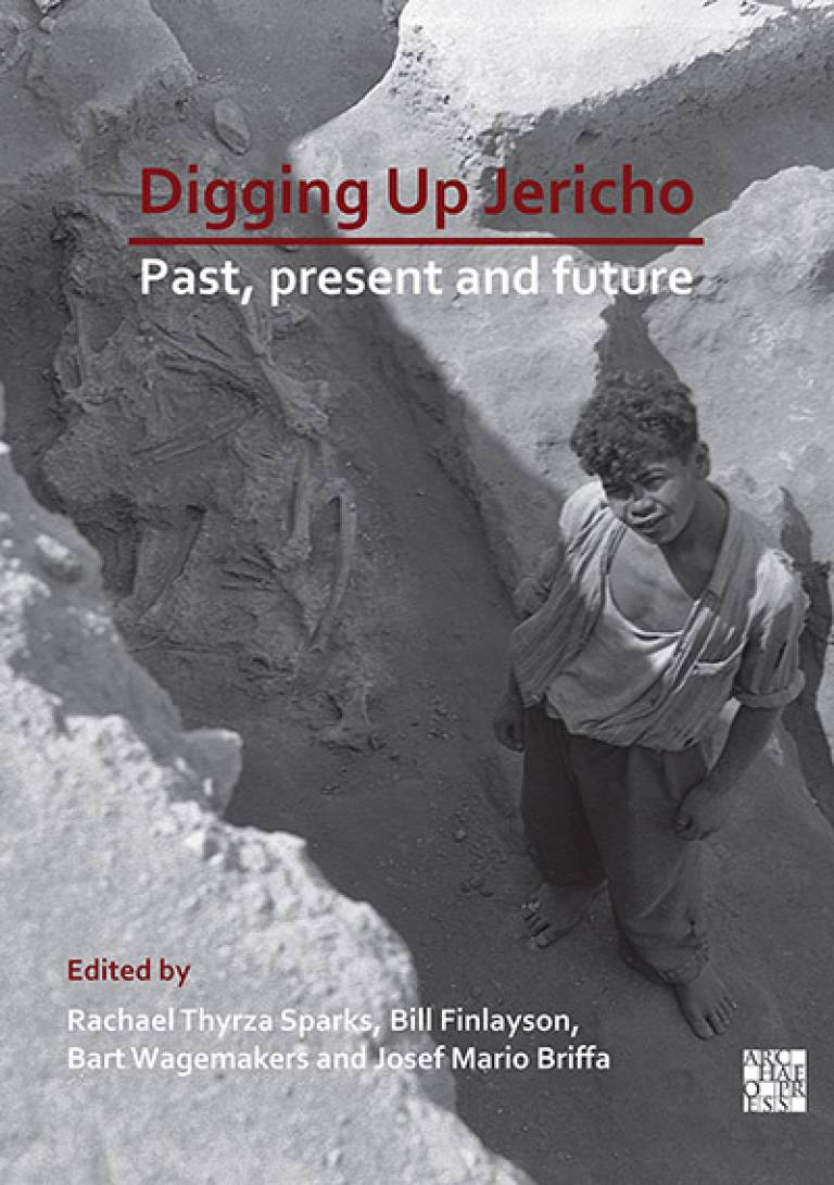 Cover of the Digging Up Jericho volume, depicting one of the Jericho workmen next to a Neolithic burial; courtesy of the Leo Boer archives