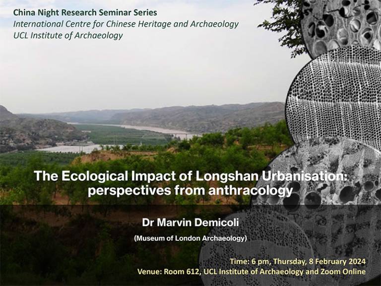 Seminar poster showing a green landscape with a river flowing through it and b&w microscopic images superimposed on the right side of the image. Text (in green, white, yellow) gives details of the seminar title, speaker and location