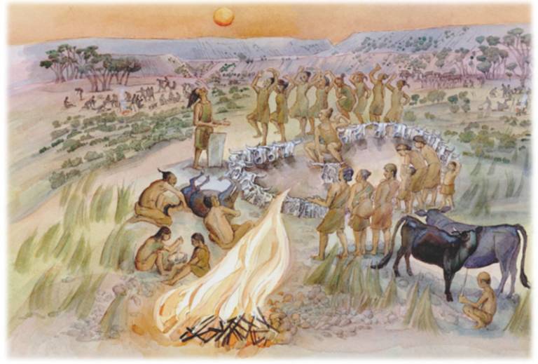 Painting of a prehistoric scene with people and animals (and people dancing around a circle of animal skulls) in a desert-like landscape with mountains in the distance (Image:  Judith Dobie (English Heritage))