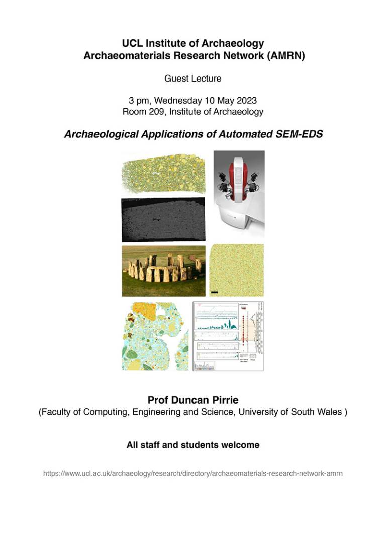 Poster with wihite background, black text and 7 small pictures of analytical equipment, data and images and an archaeological site, to advertise a lecture