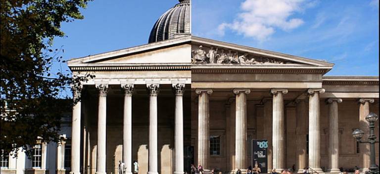 Picture of two building porticos merged together (UCL and the British Museum)