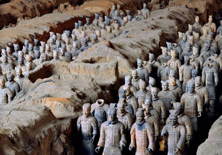 View of Pit 1 of the Terracotta Army showing the hundreds of warriors once armed with bronze weapons. Photo Xia Juxian.