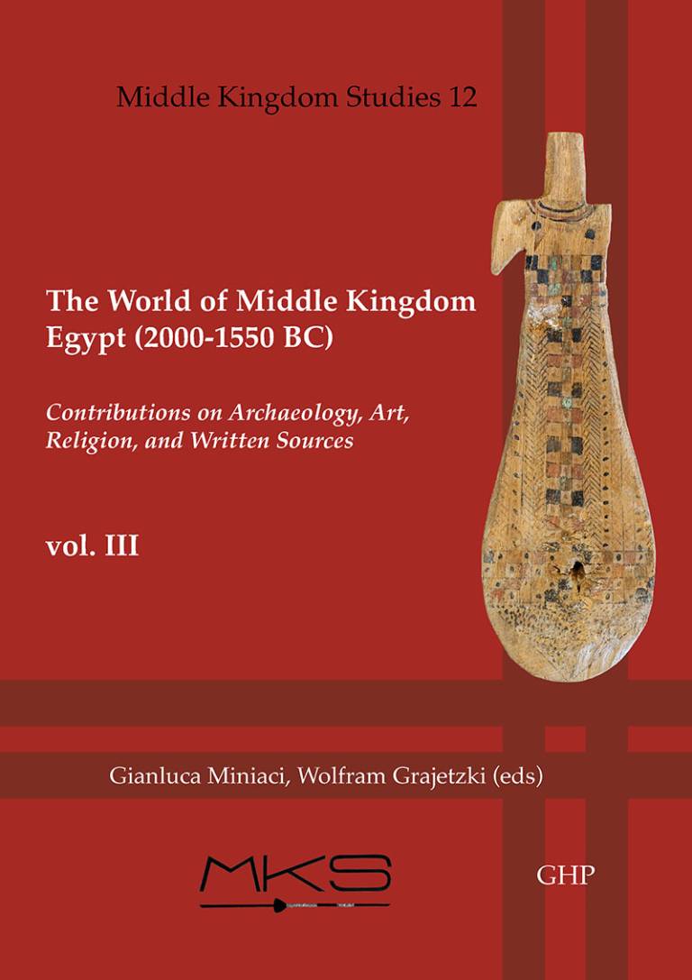 Red bookcover with text in black and white and a brown coloured Egyptian artefact on the right side of the bookcover