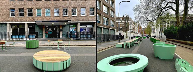 Images of green street furniture and planters outside a building