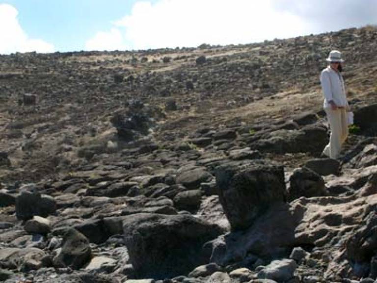 Sue Hamilton undertaking archaeological research on Rapa Nui (Easter Island)