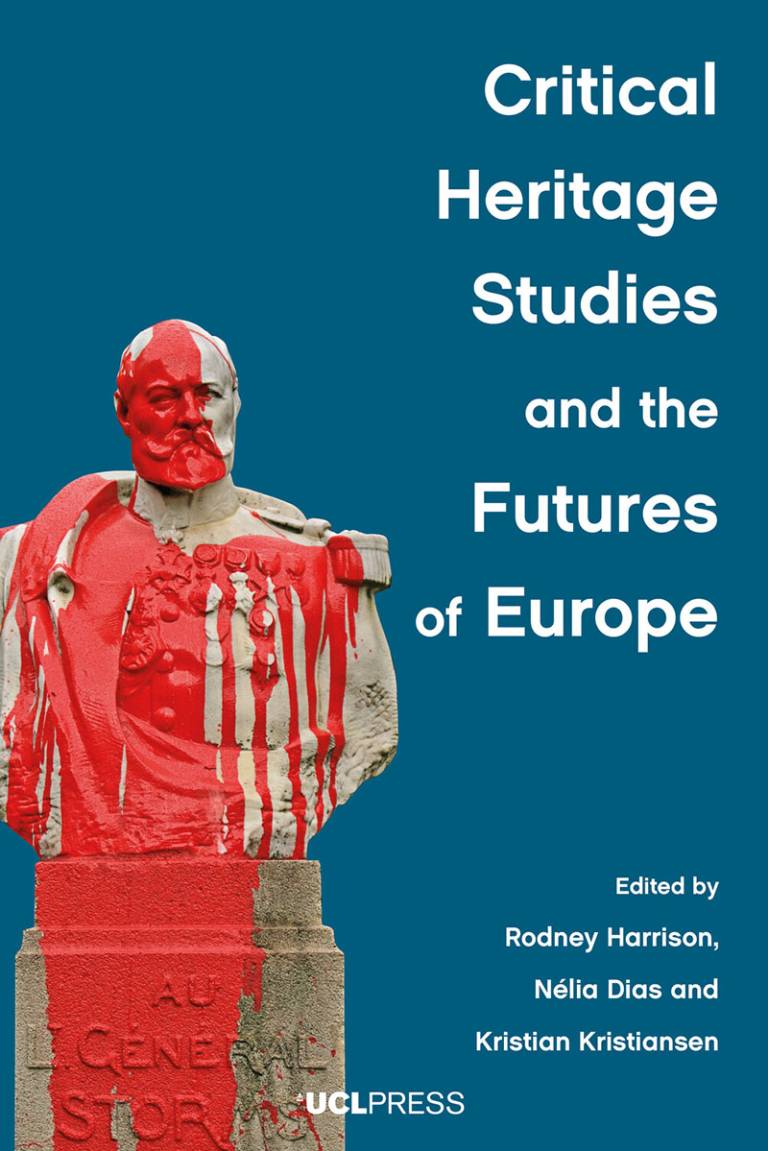 A blue bookcover with white text (title and editors, publisher) with a picture of a stone statue of a man covered in red paint