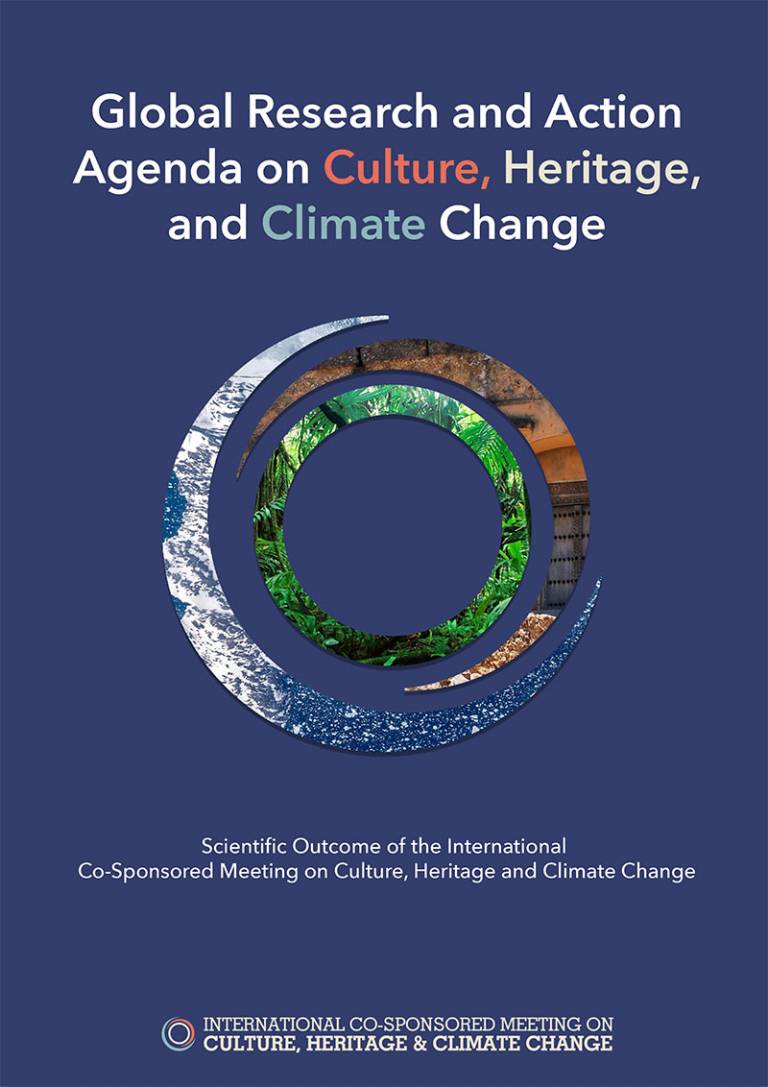 Cover of a report on Culture, Heritage and Climate Change. Blue background with swirling image in the centre