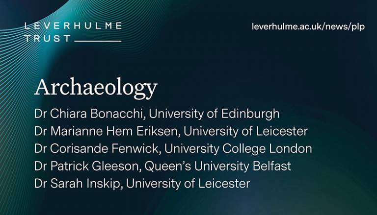 Names of awardees for the Philip Leverhulme Prize 2022 for Archaeology listed in white text on a colourful blue background