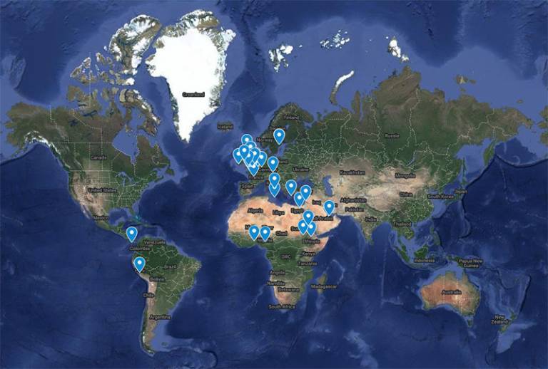 Map of locations (World) for Patrick Quinn's ceramic petrography analytical service