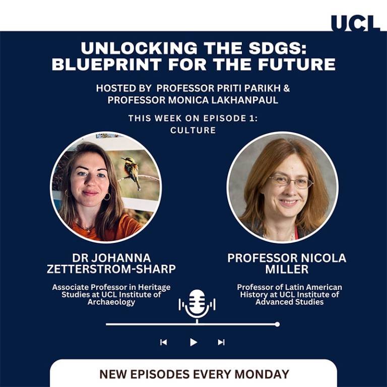 Unlocking the SDGs: Podcast poster (Series 2, Episode 1), blue background with white text and microphone image and pictures of two women participants
