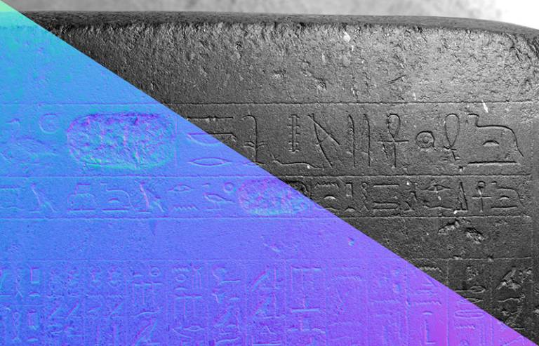 Reflectance Transformation Imaging of an archaeological engraved stone artefact (grey/purple background)
