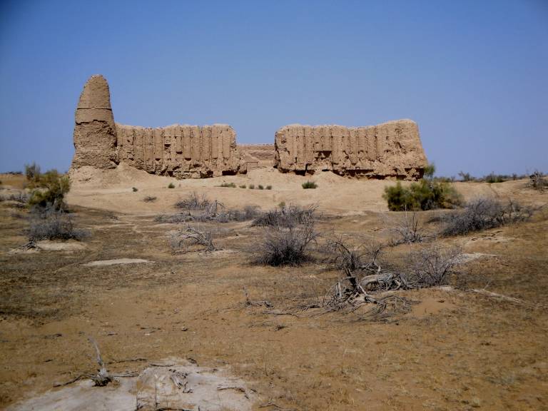 The caravansary in 2018, with distinctive corrugated walls, central entrance (largely collapsed) and minaret (left). (© Annamyrat Orazov)