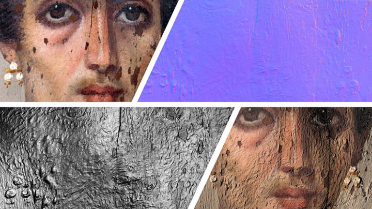 Reflectance Transformation Imaging of Egyptian mummy portrait (facial images top left and bottom right and background shown up in purple and grey, top right and bottom left) 