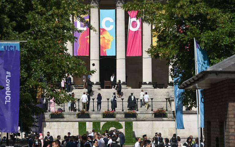 Groups of people milling around UCL Portico steps and Quad wearing Graduation attire