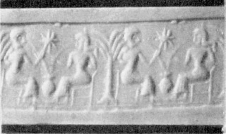 Beer drinkers depicted on a cylinder seal from Gaza