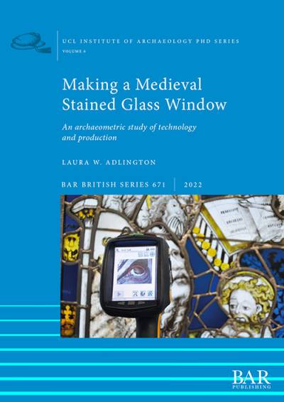Blue bookcover with white text indicating author, title of book etc. Central image of stained glass and a piece of equipment in front of it