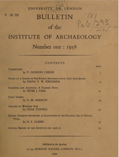 Front cover of the Bulletin of the Institute of Archaeology (pale brown with black text, writing in pencil and a stamp at the top) 