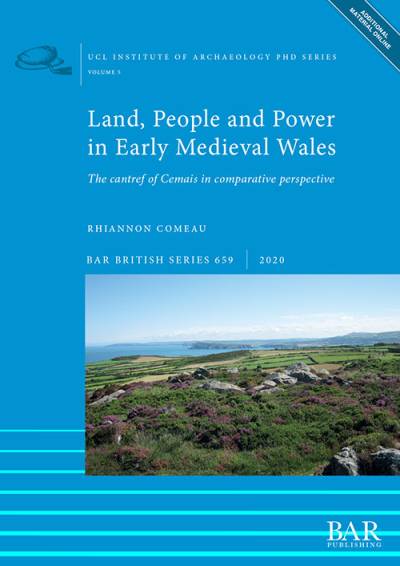 Blue bookcover with white text indicating book title, author etc. Central image a landscape of heather with green fields and the sea beyond (Wales)