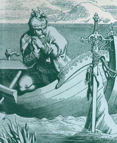 Monochrome image of a man in historic dress in a boat on a lake receiving a sword from a hand coming out of the water
