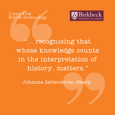 Orange background image with a quote by Johanna Zetterstrom Sharp in light-coloured text "...recognising that whose knowledge counts in the interpretation of history, matters."