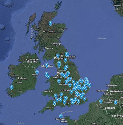 Map of locations (UK) for Patrick Quinn's Ceramic Petrography Analytical Services