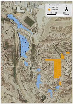 Figure 3: Sites in El Argar area. In blue 10 m. grid and in orange 20 m. grid. Black dots mark points of interest