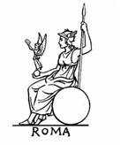 Conference logo b&w drawing of a seated female figure holding a spear and an angel with the word Roma below