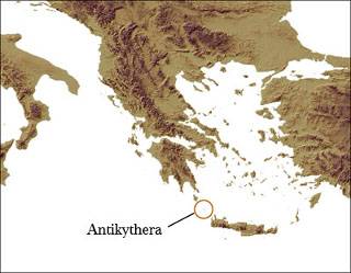 Location of the Greek island of Antikythera between the Aegean and central Mediterranean (Image by Andrew Bevan).