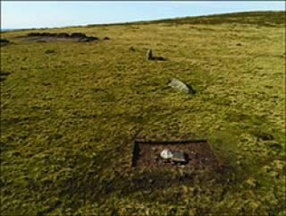 The arc of former standing stones at Waun Mawn during trial excavations in 2017, viewed from the east. Only one of them (third from the camera) is still standing. Recumbent stone 13 is in the foreground (photograph by A. Stanford).