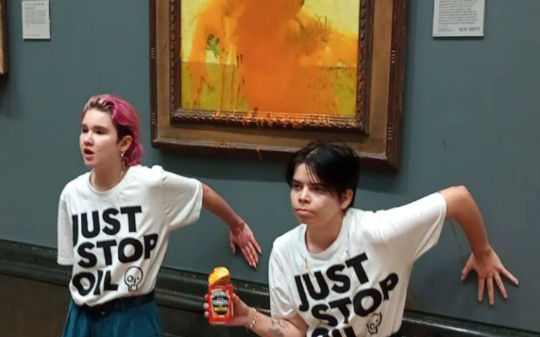 just stop oil protestors with tomato soup and art