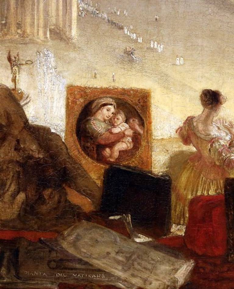 J. M. W. Turner’s Rome, from the Vatican. Raffaele accompanied by the La Fornarina, preparing his Pictures for the Decoration of the Loggia, exhibited 1820, Tate Britain, London