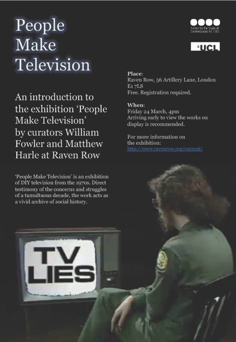 A man is sat in front of a TV with 'TV LIES' on the screen. Information for the event is above it.
