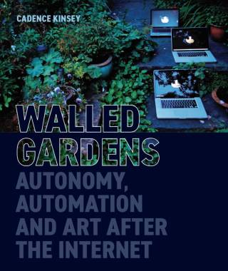 a dark book cover with three laptops against a garden. The book title is walled gardens.