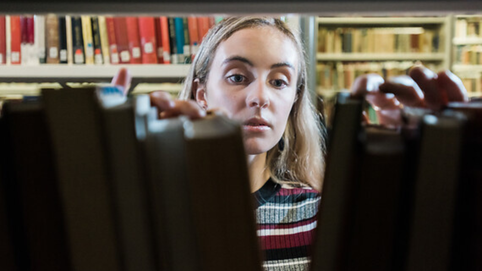 Person looking at books on a shelf