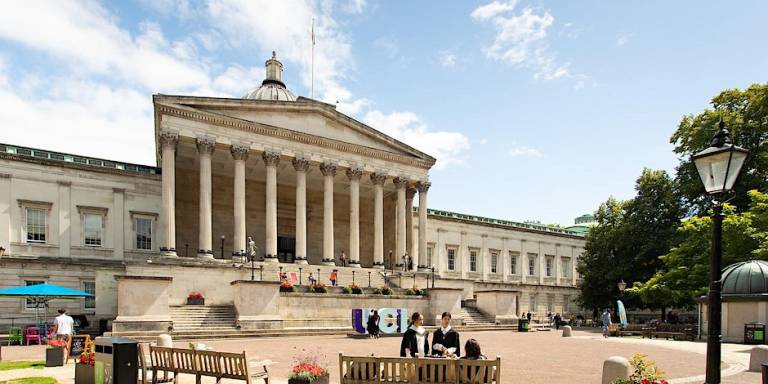 UCL portico with students in front 