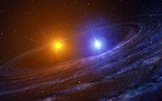 This artist rendering depicts the RS Ophiuchi binary system shortly after the white dwarf (right) has exploded as a nova. The other star is a red giant. Note the spiral dust lanes. Credit: Casey Reed/NASA