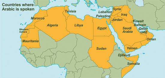 Map showing countries where Arabic is spoken