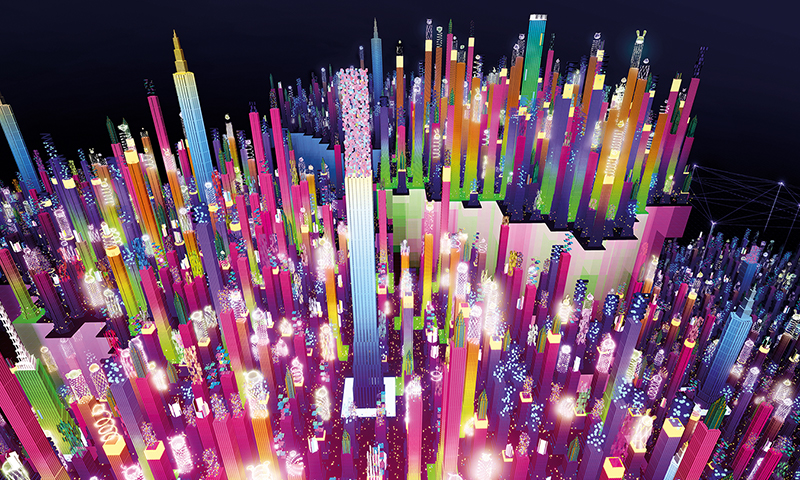 computer generated cityscape with tall, multi-coloured buildings emitting a purple neon glow 