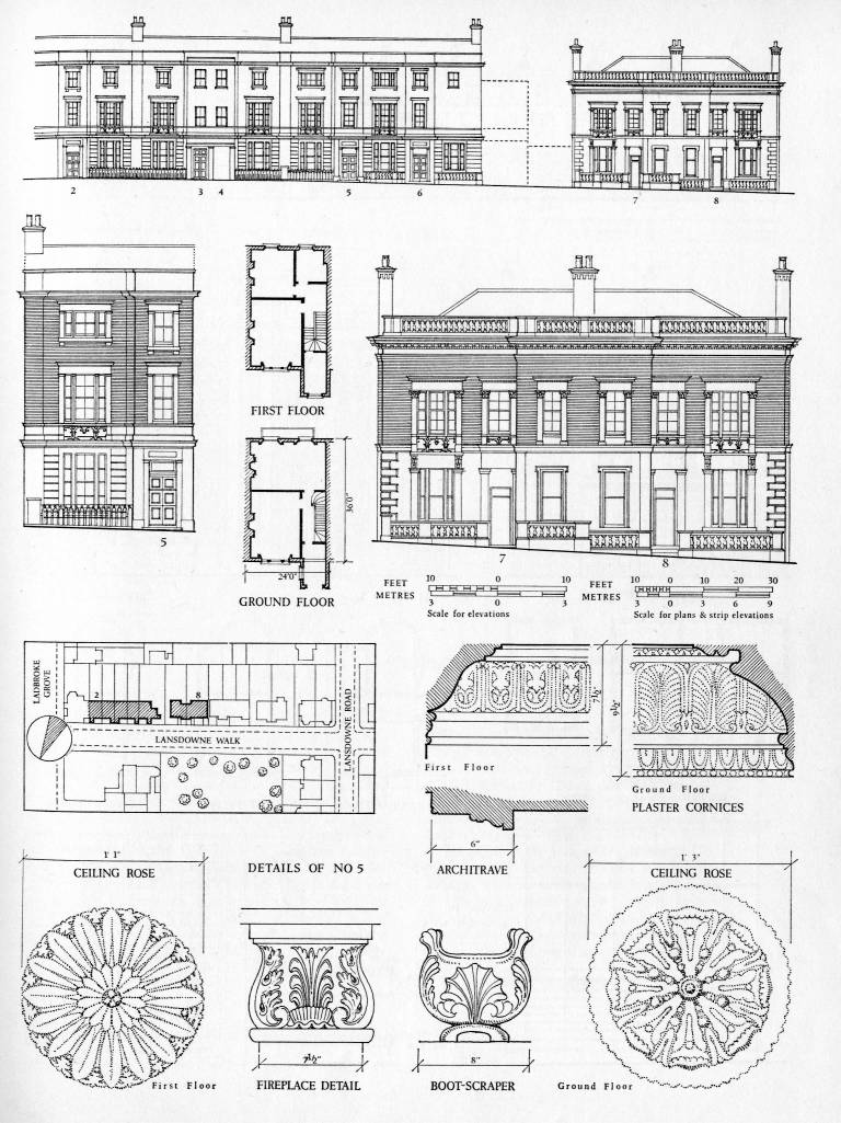 Illustration showing architectural details and house frontages
