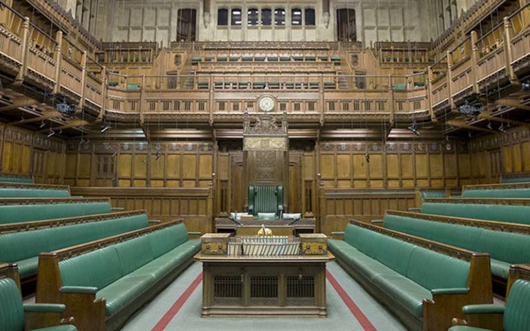 General view of the interior of The Commons Chamber at the Houses of Parliament in central London. Photograph by Justin Tallis. 