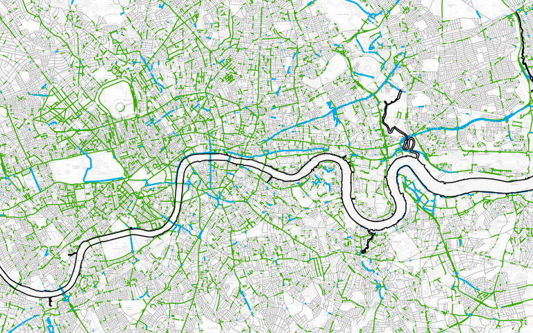 Map highlighting in green all streets wide enough to accommodate protected cycle lanes in central London.