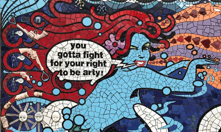 A mosaic mermaid saying 'you gotta fight for your right to be arty'