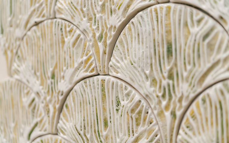 Close-up of 'Indus', a a tile-based, modular bioreactor wall system by Bio Integrated Design researchers at UCL