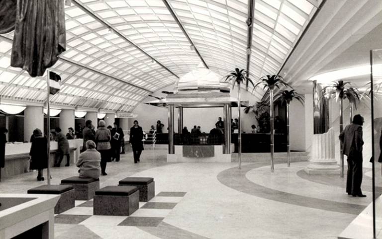 2.	The 1979 opening of the Österreichisches Verkehrsbüro on the Opernringhof in Vienna. Hans Hollein can be seen on the far right of this Postmodern performative travel agency. Courtesy Nachlass Hans Hollein