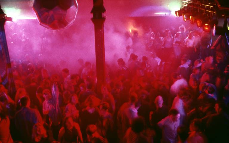 Inside the Haçienda nightclub, Manchester, early 1980s. 