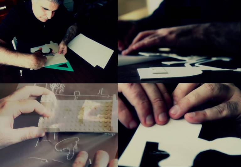 4 images of Carlos cutting shapes out of card and using his hands to feel texture