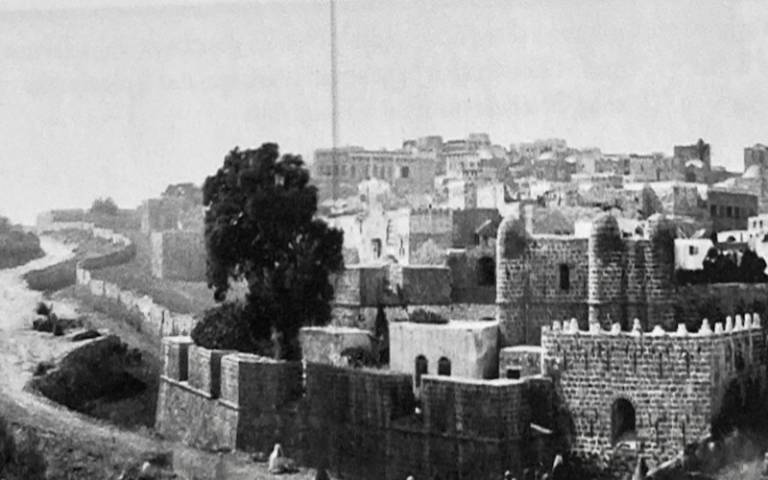 Photo stitch of Louis Vigne’s sequence (1860) looking south along Jaffa’s eastern wall, including Jerusalem Gate (in Burke et al., 2017, p.159)