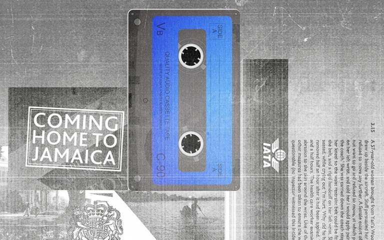 Black and white photocopy of deportation papers with a blue cassette tape