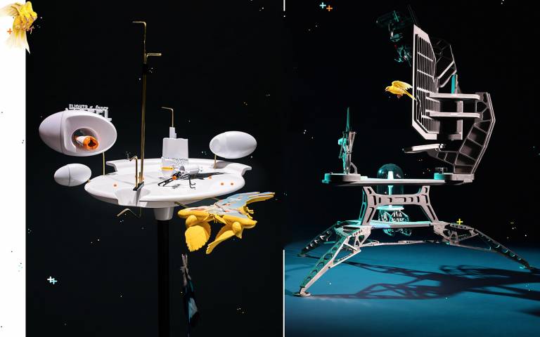 Two imaginary models of space crafts including yellow canaries 