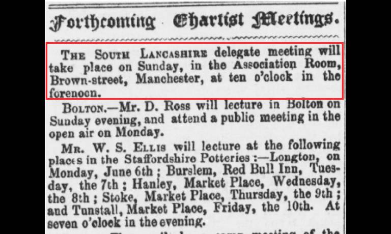 Image of newspaper cutting: Forthcoming Chartist Meetings